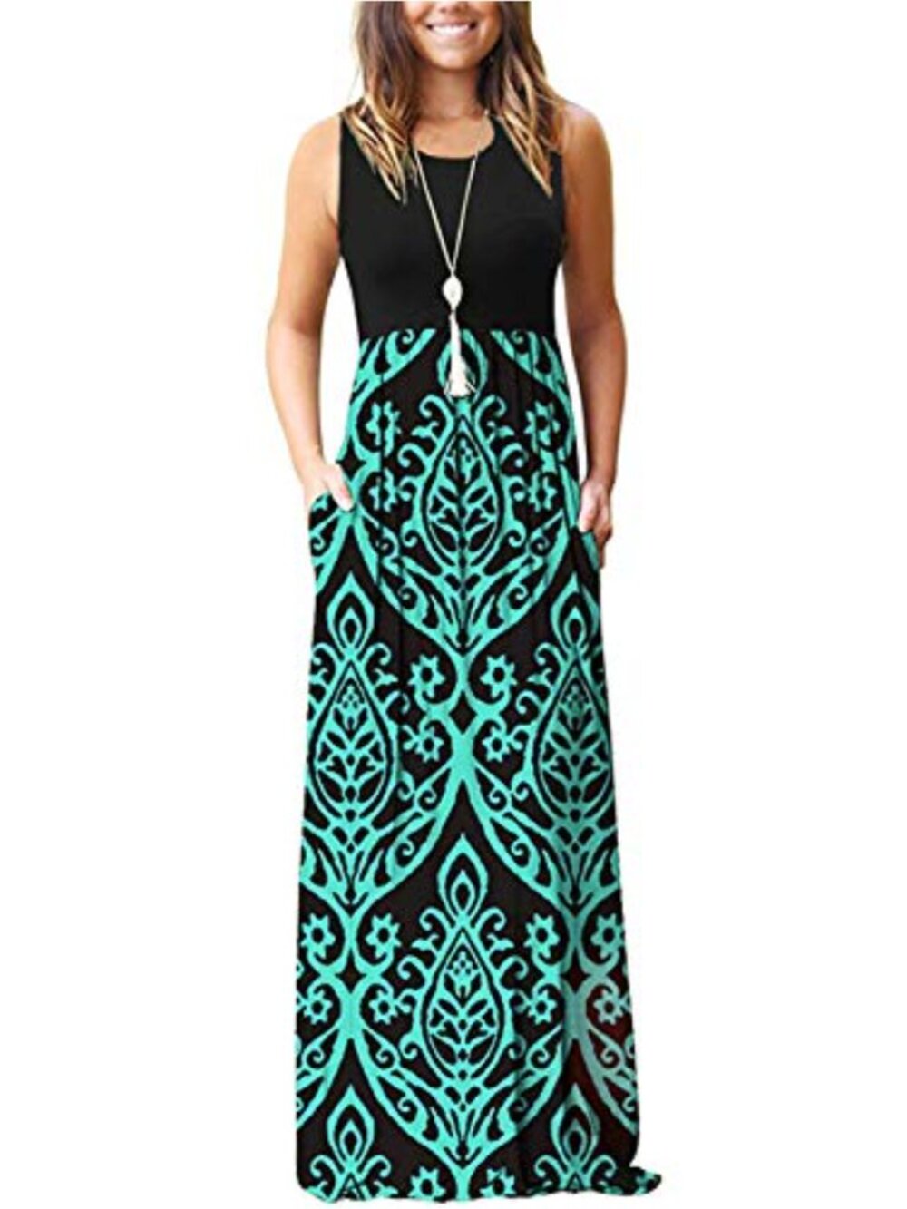Sleeveless Floral Maxi Dress with Pockets 90% Polyester 10% Spandex